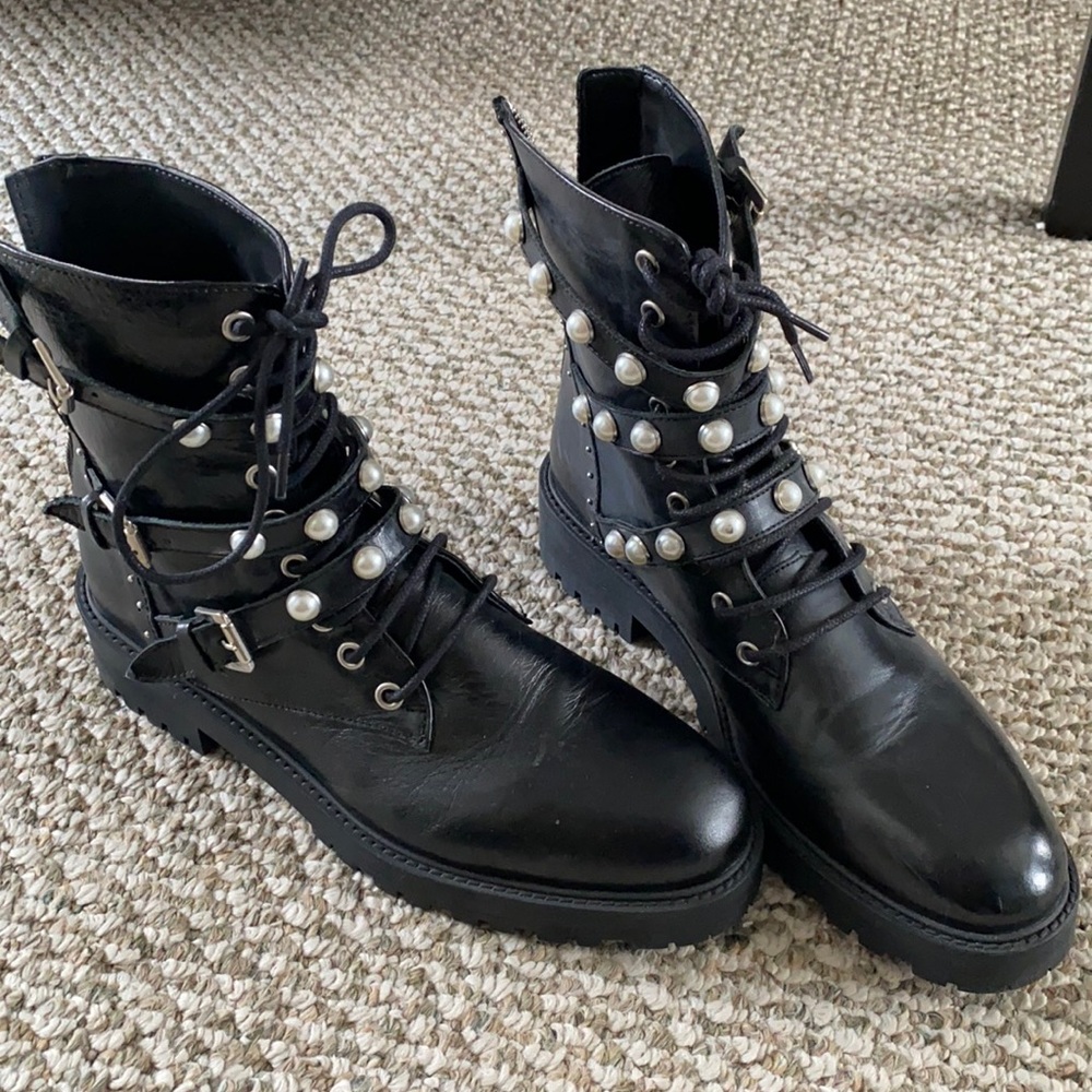 Black Pearl-Embellished Combat Boots - Women
